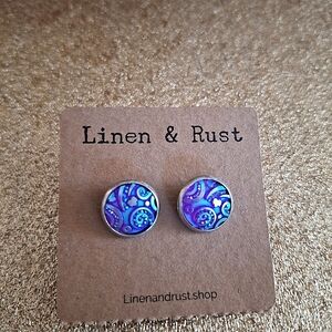 Linen & Rust earrings,  blue sparkly iridescent